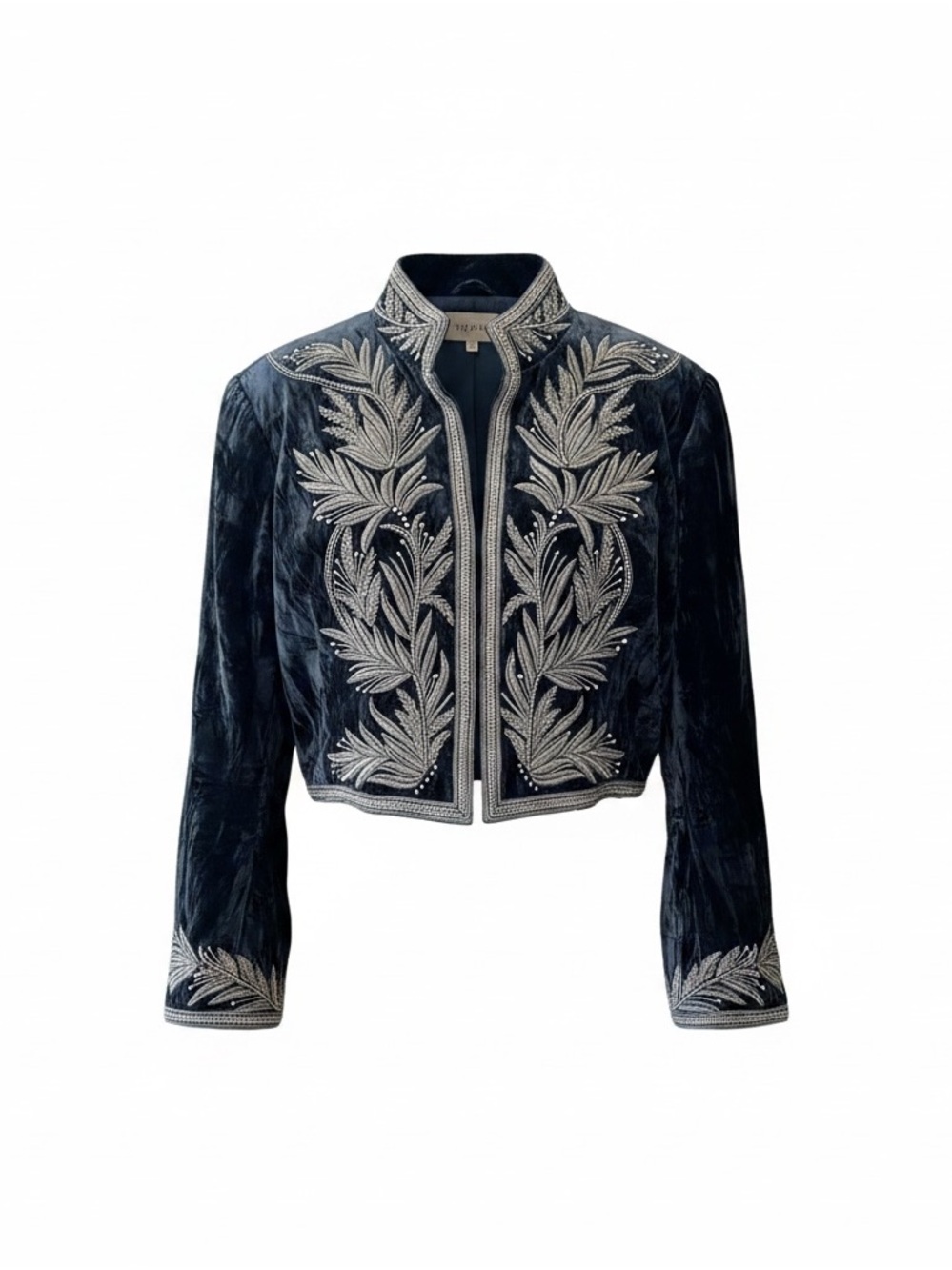 Blue Velvet Embroidered Cropped Jacket